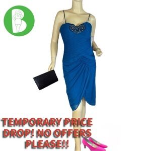 ADRIANNA PAPELL "PEACOCK" BLUE MESH NET GATHERED BEADED COCKTAIL DRESS NWT (12)